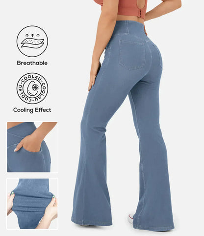 Jean évasé taille haute avec ceinture élastique pour femme
