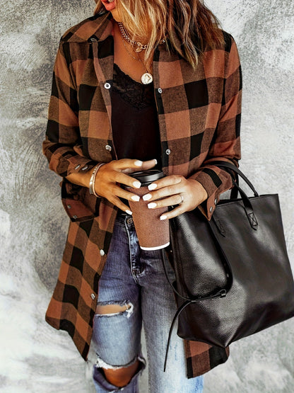 Chemise à Carreaux Tissée pour Femmes – Boutonnée – Manches Longues – Style Décontracté