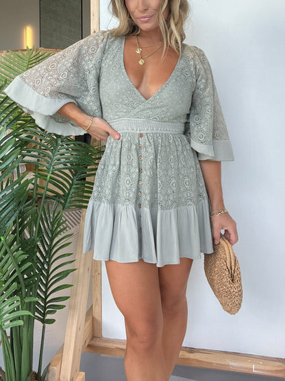 Women's Lace Romper - Deep V-Neck - Flared Sleeves - Fitted Waist - Tiered Hem