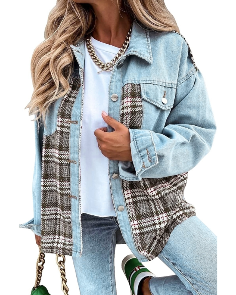 Femme Veste Décontractée à Carreaux Coupe Ample