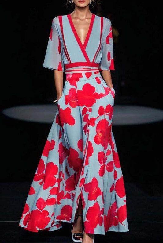 Robe Longue Femme à Décolleté Plongeant, Manches au Coude et Jupe Fluide avec Poches
