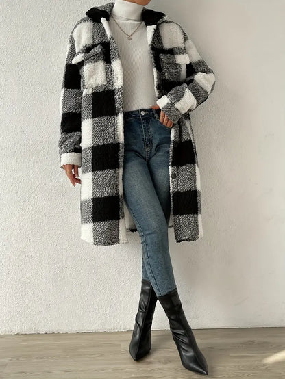 Manteau à Carreaux pour Femmes à Manches Longues et Coupe Ample