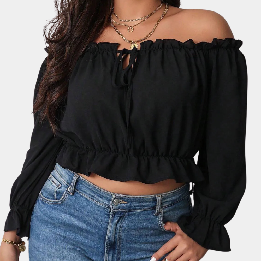 Women's Blouse à Épaules Dénudées – Manches Longues Bouffantes – Encolure Volantée