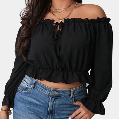 Blouse à Épaules Dénudées pour Femmes – Manches Longues Bouffantes – Encolure Volantée