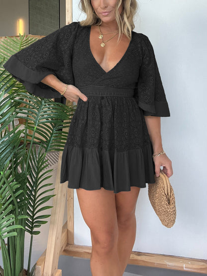 Women's Lace Romper - Deep V-Neck - Flared Sleeves - Fitted Waist - Tiered Hem