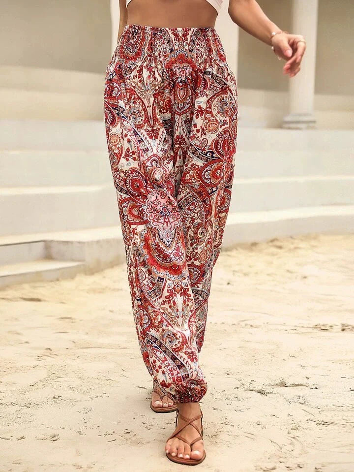 Pantalon sarouel bohème à imprimé éléphant et taille élastique