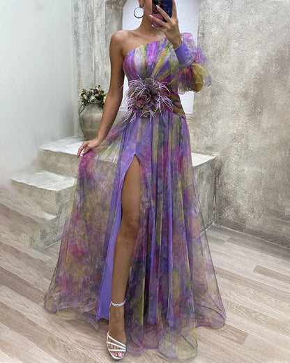 Robe de Soirée Longue femme à une épaule, Motif Fleuri et DéCoupes Latérales