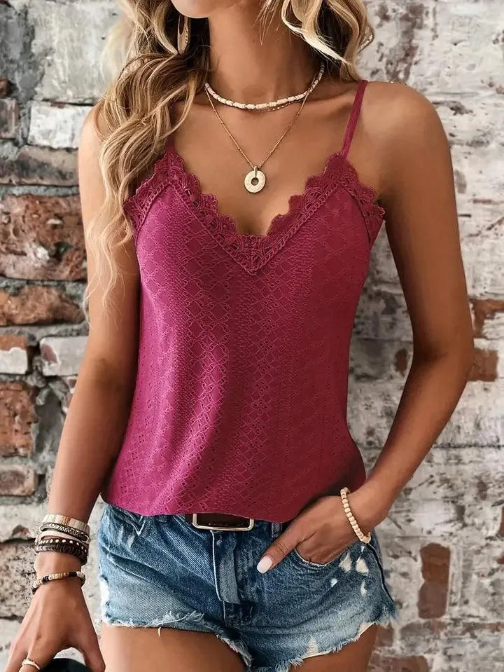 Top Femme Sans Manches en Broderie Anglaise – Col V et Bretelles Réglables