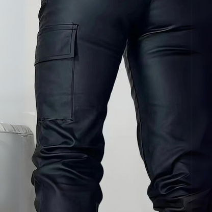 Pantalon cargo décontracté ajusté en similicuir pour femme