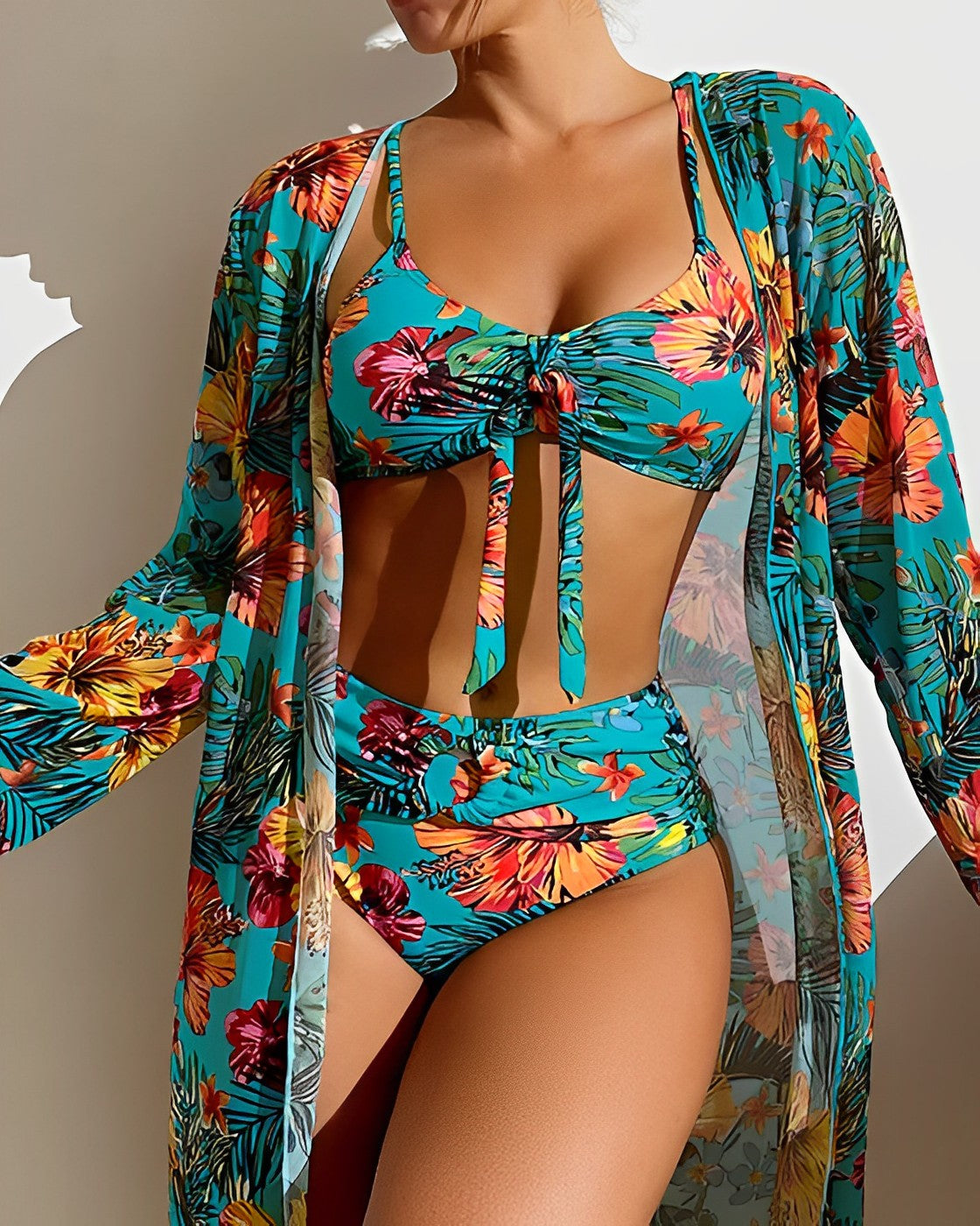 Women's High Waisted Knotted Swimsuit - With Floral Veil