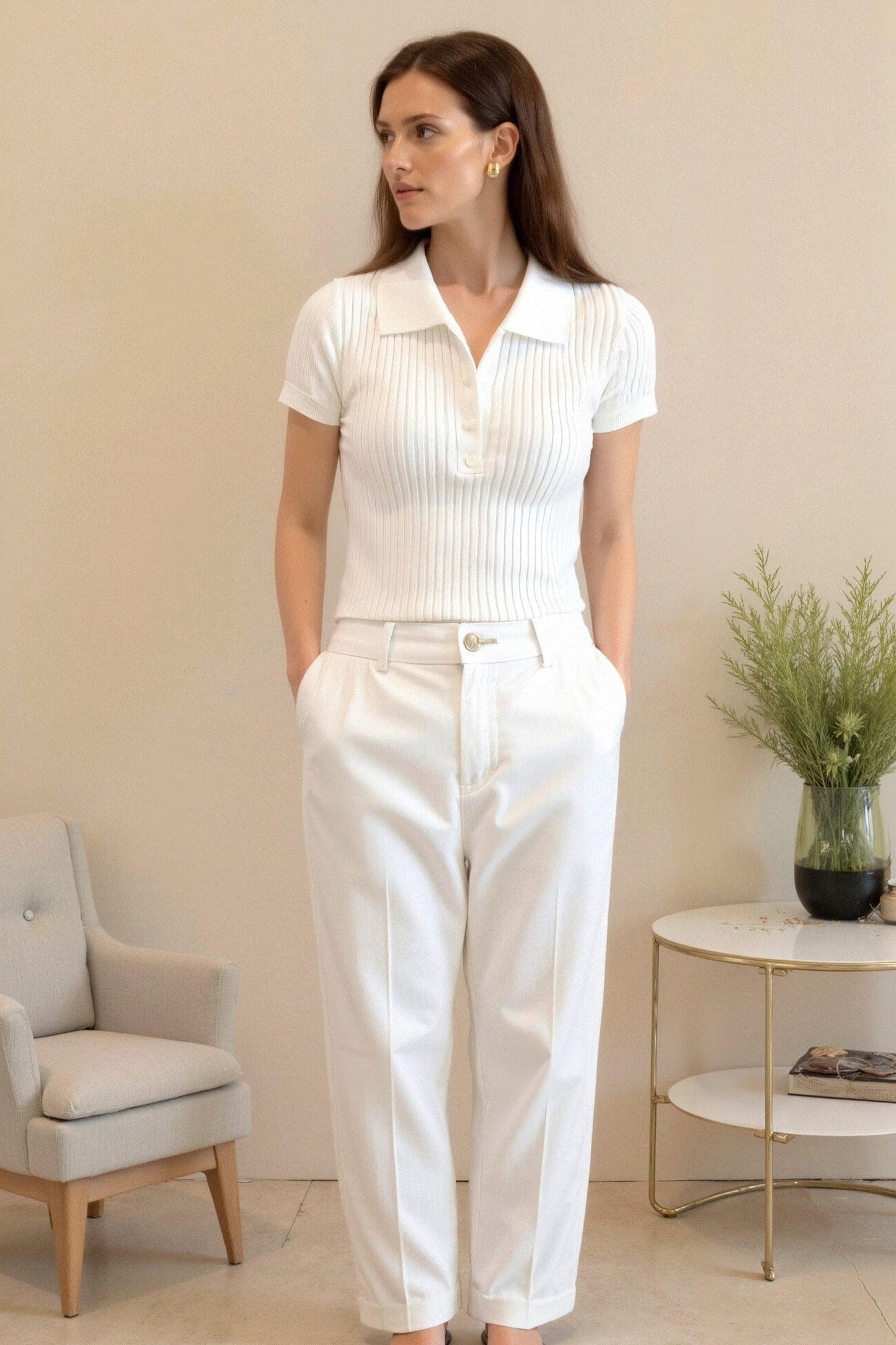 Polo en Maille Côtelée à Manches Courtes pour Femmes