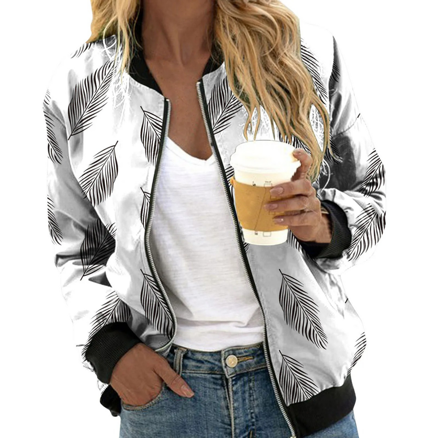 Women's Casual Botanical Print Zip Bomber Jacket