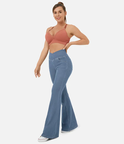 Jean évasé taille haute avec ceinture élastique pour femme