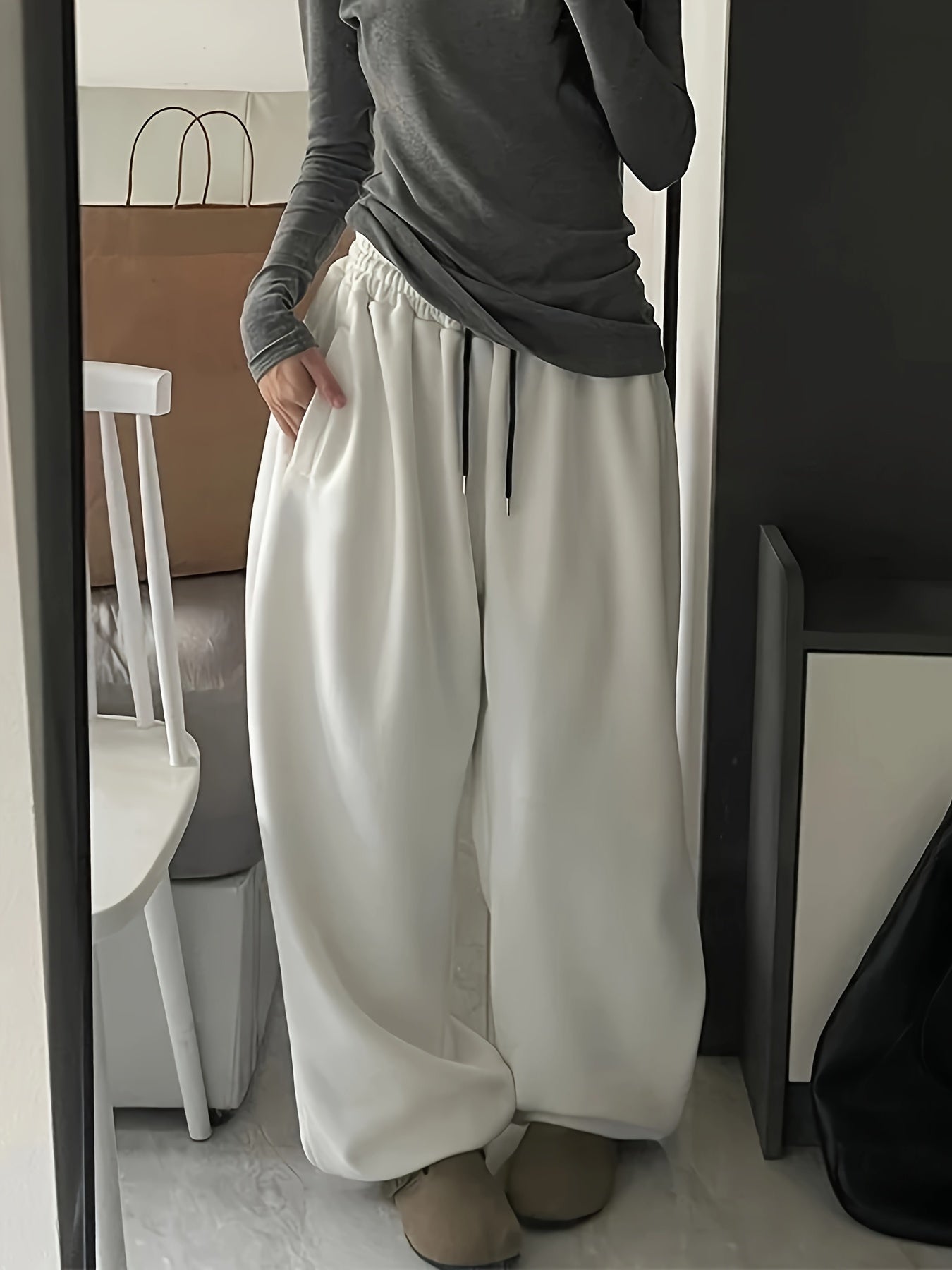 Pantalon unisexe large en molleton doux à taille élastique avec cordon