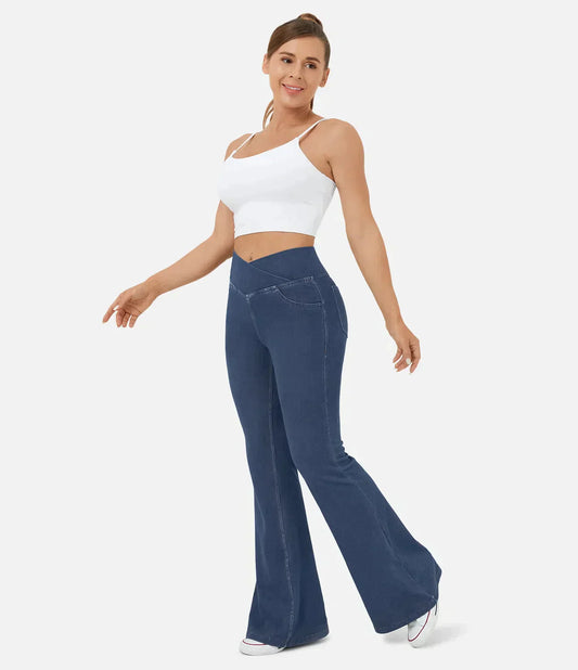 Jean évasé taille haute avec ceinture élastique pour femme