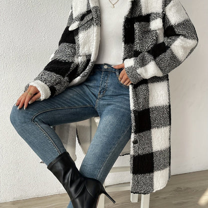 Manteau à Carreaux pour Femmes à Manches Longues et Coupe Ample