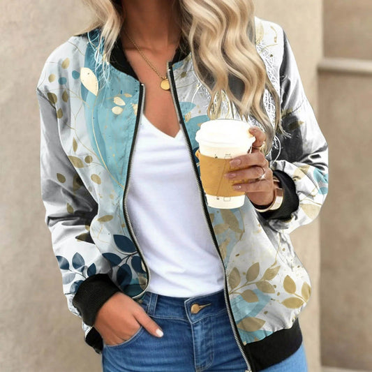 Women's Casual Botanical Print Zip Bomber Jacket