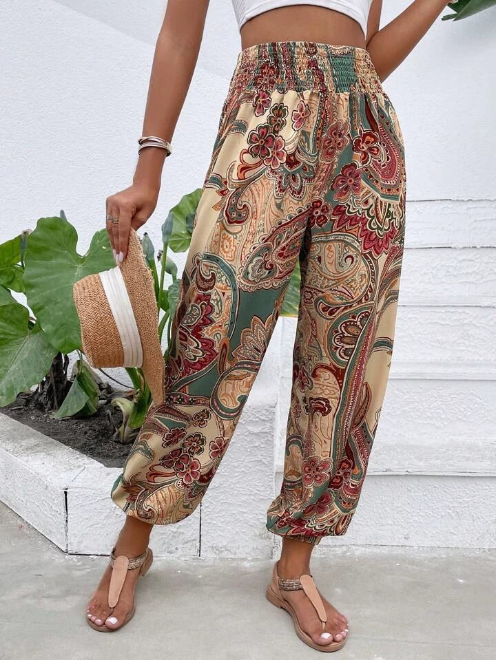 Pantalon sarouel bohème à imprimé éléphant et taille élastique