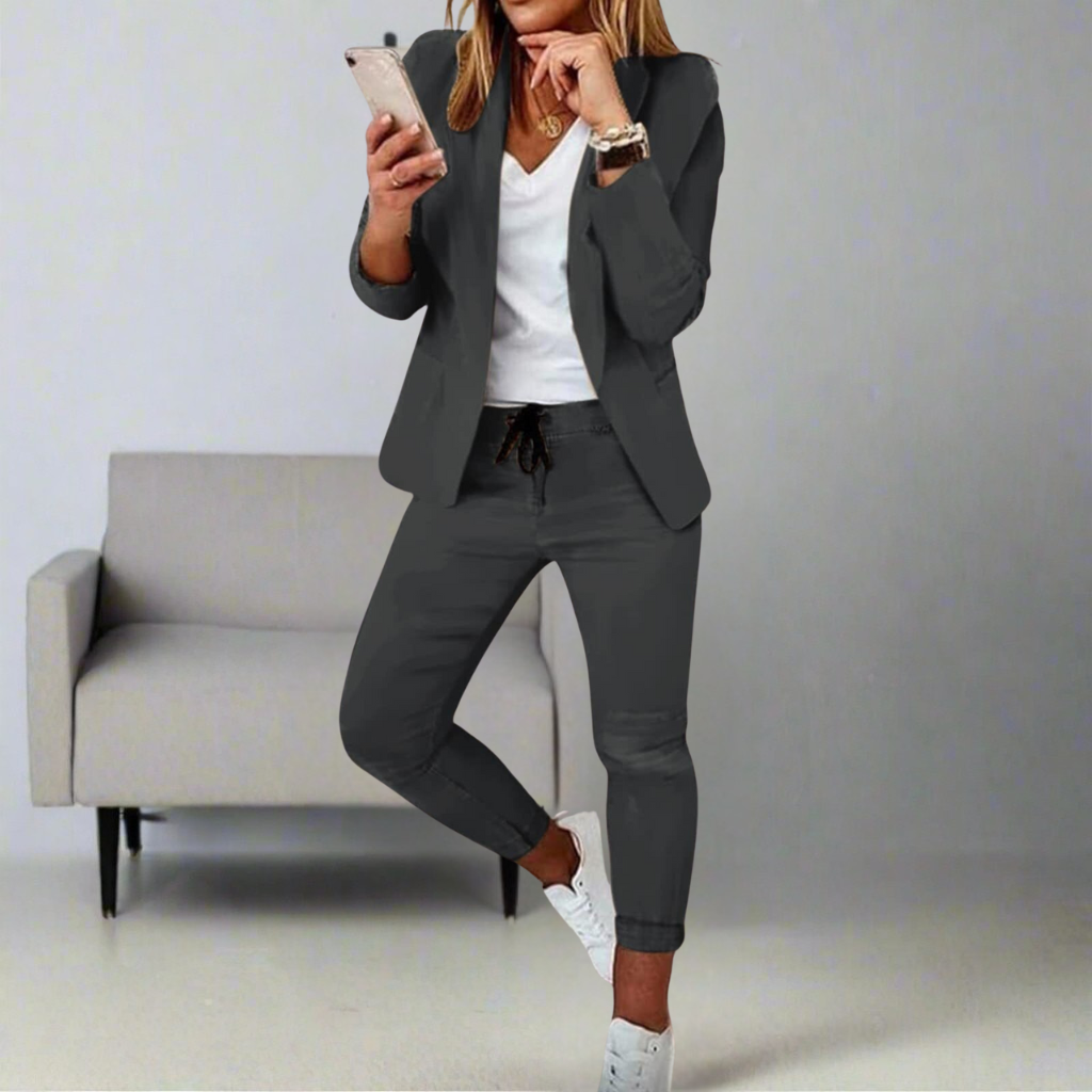 Women's Blazer and Jogger Set - Relaxed Fit, Tapered Leg, Stretch Fabric