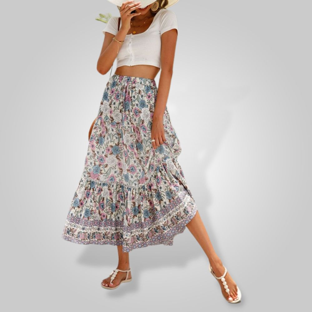 Kvinders maxi nederdel - bohemsk blomsterprint - Flydende let stof - Elastisk talje