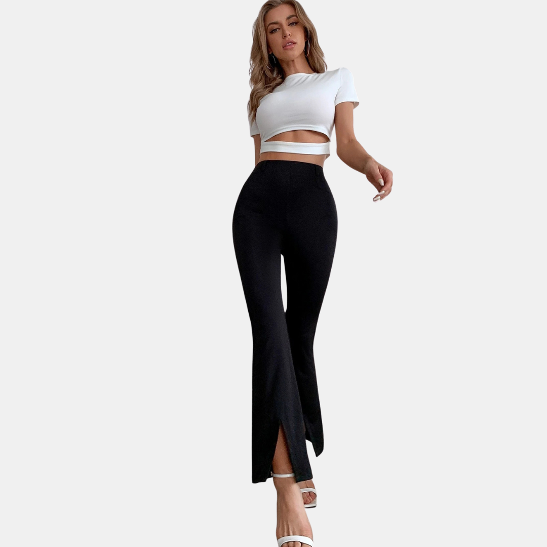 Pantalon Évasé Femme Taille Haute avec Fente Frontale et Coupe Ajustée