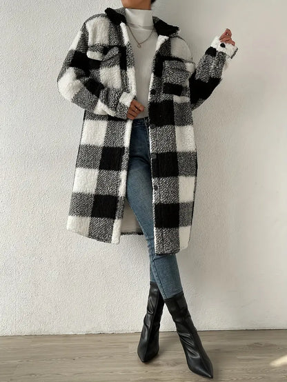 Manteau à Carreaux pour Femmes à Manches Longues et Coupe Ample