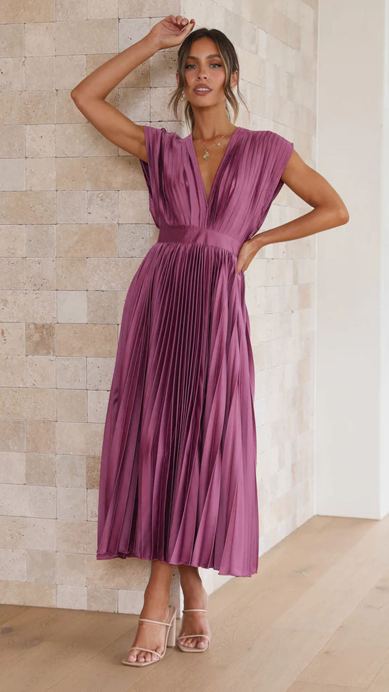 Robe Longue Plissée Sans Manches à Décolleté en V