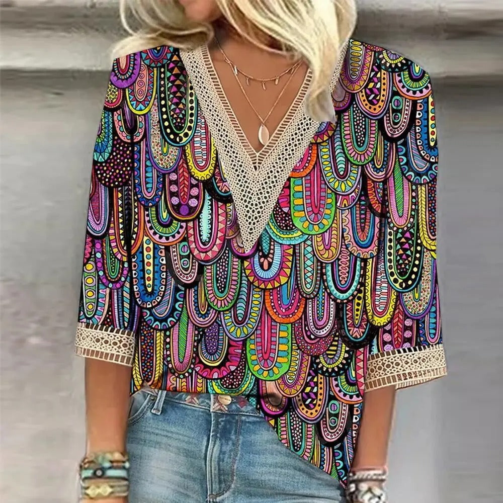Blouse Femme Imprimée – Encolure en V et Coupe Ample Décontractée
