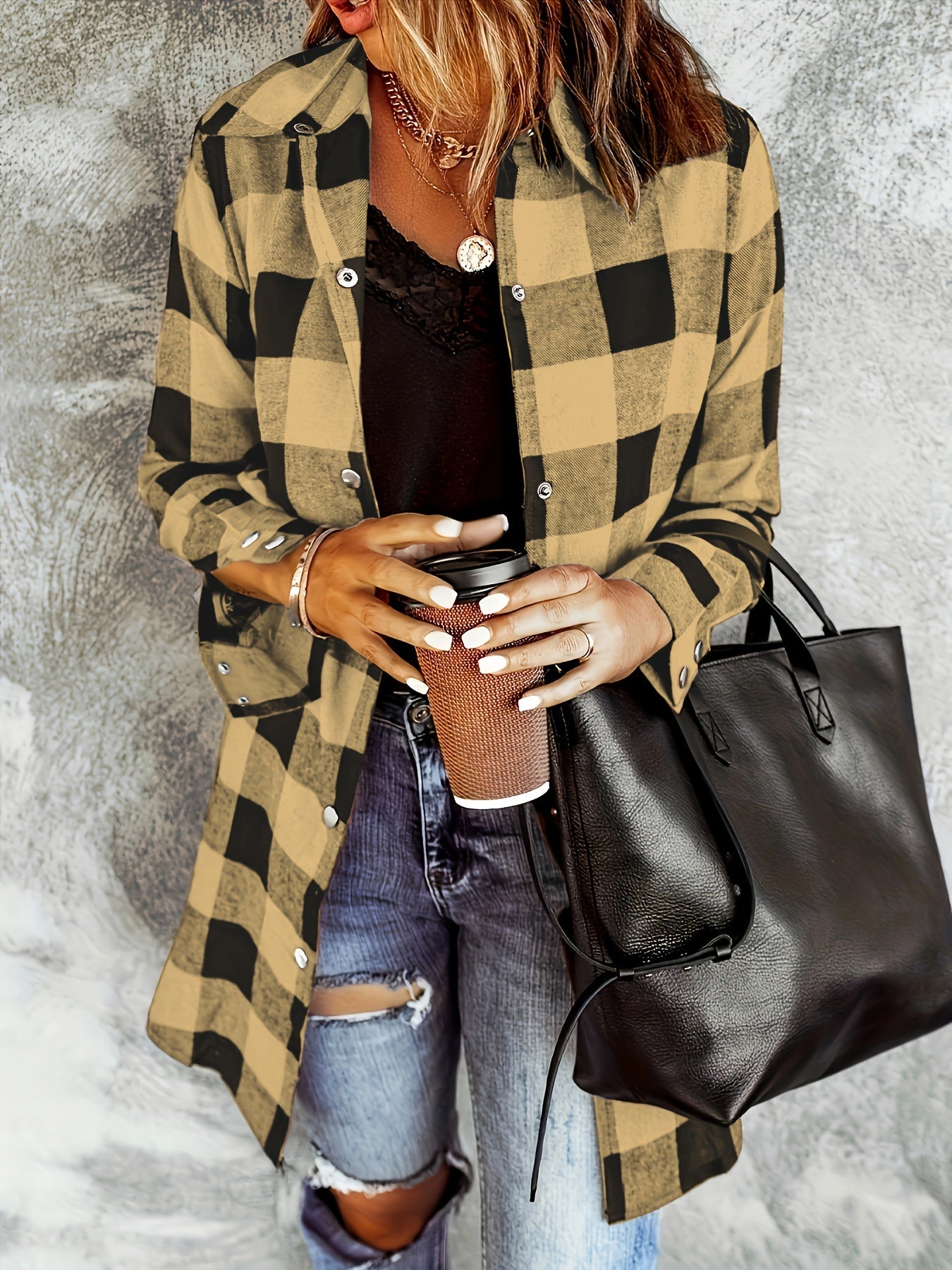 Chemise à Carreaux Tissée pour Femmes – Boutonnée – Manches Longues – Style Décontracté