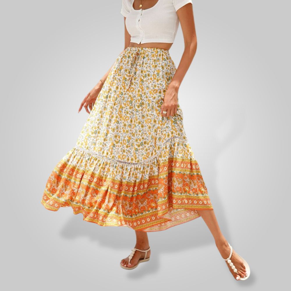 Kvinders maxi nederdel - bohemsk blomsterprint - Flydende let stof - Elastisk talje