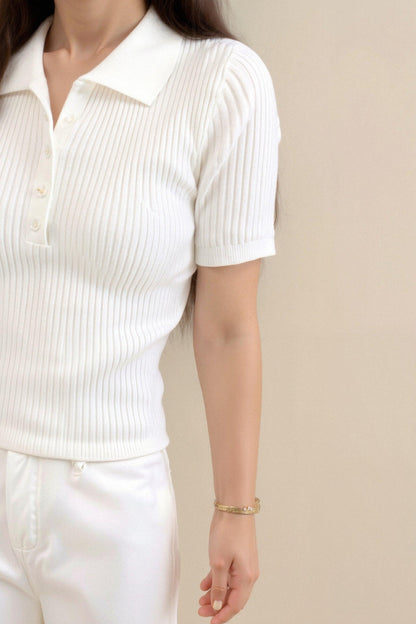 Polo en Maille Côtelée à Manches Courtes pour Femmes