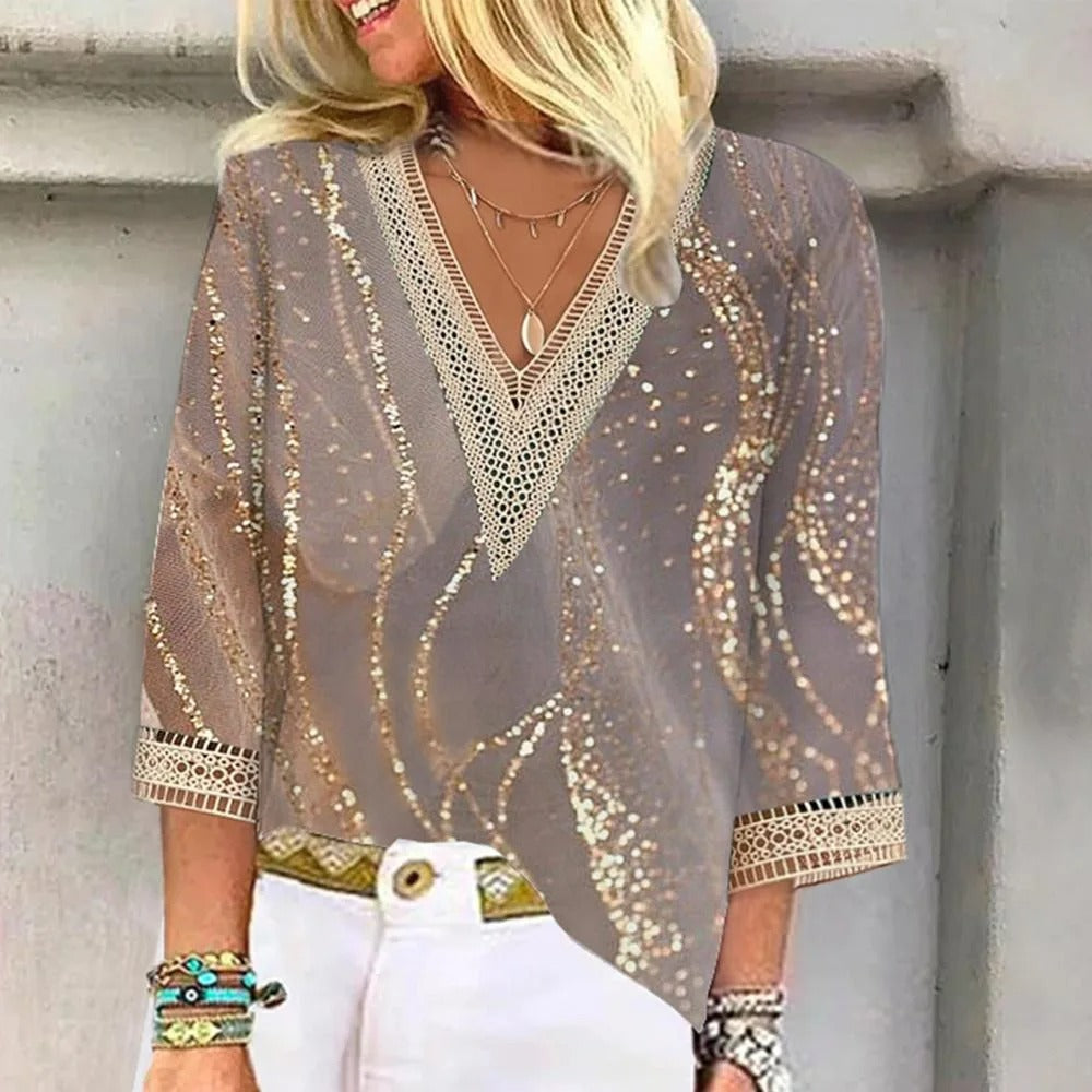 Blouse Femme Imprimée – Encolure en V et Coupe Ample Décontractée