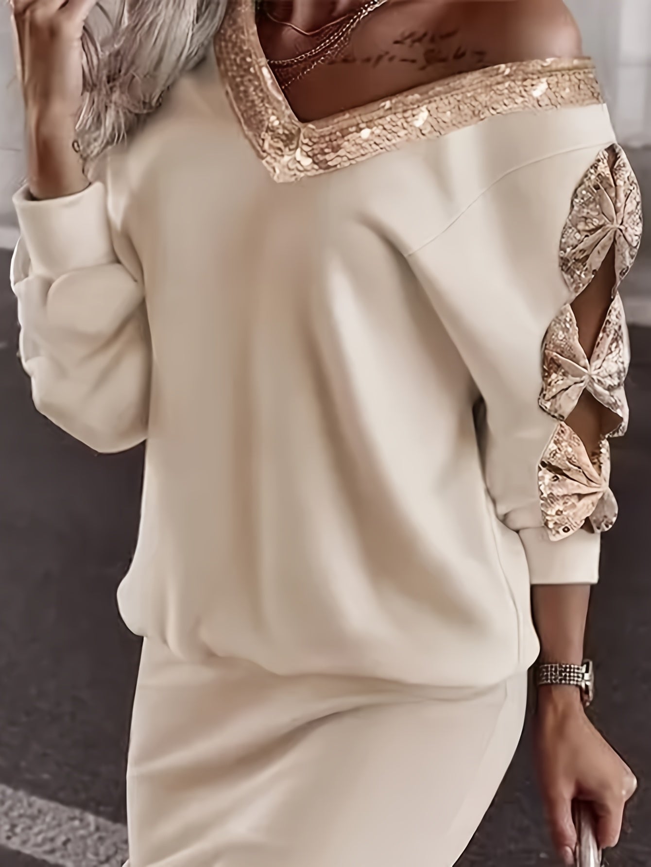 Women's Midi Dress - Off-Shoulder Sequin Detail - Bow Sleeve Detail - Fitted Pencil Skirt