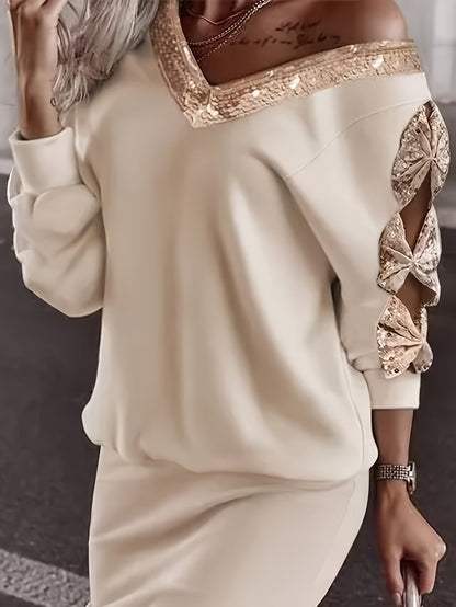 Women's Midi Dress - Off-Shoulder Sequin Detail - Bow Sleeve Detail - Fitted Pencil Skirt