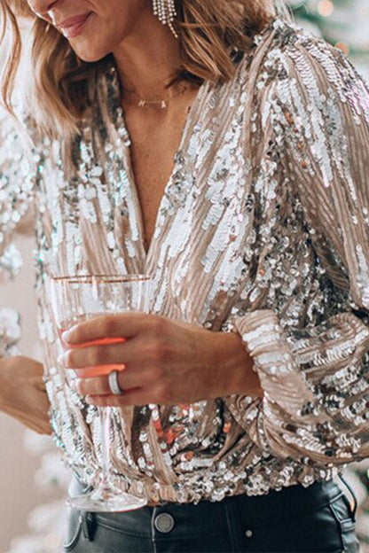 Blouse Femme à Paillettes – Manches Bouffantes et Décolleté en V