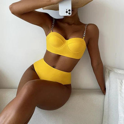 Women's Luxury High Waisted Swimsuit with Gold Straps