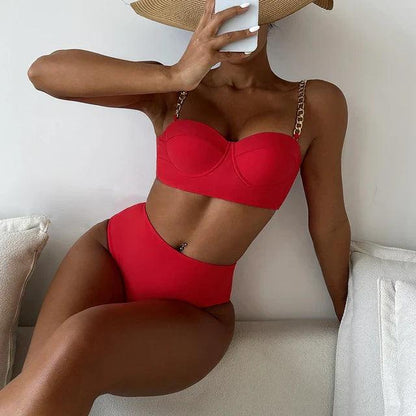 Women's Luxury High Waisted Swimsuit with Gold Straps