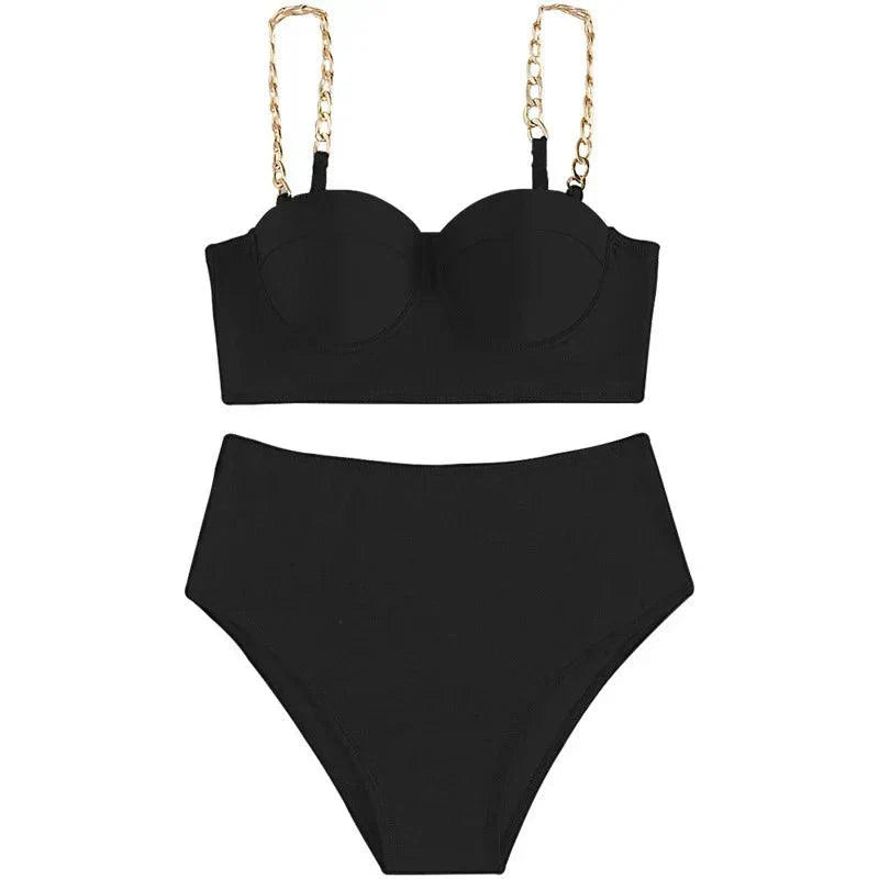 Women's Luxury High Waisted Swimsuit with Gold Straps