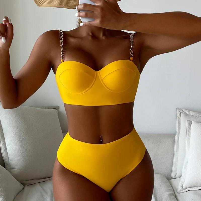 Women's Luxury High Waisted Swimsuit with Gold Straps