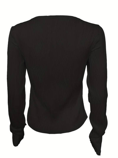 Top Femme Manche Longue – Maille Sculptante à Motif 3D et Col Montant