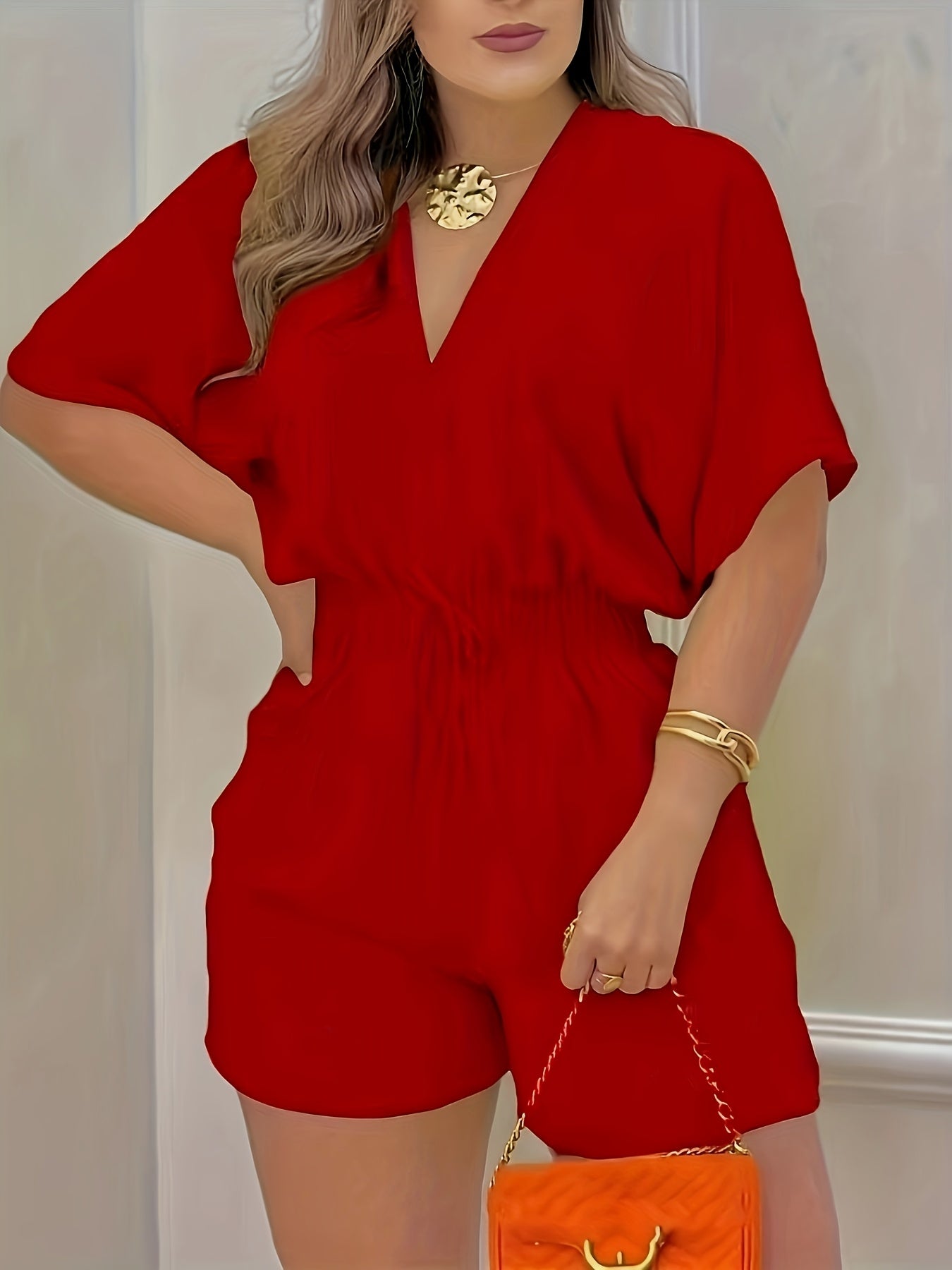 Pour femme - Combishort col V manches courtes avec taille froncée