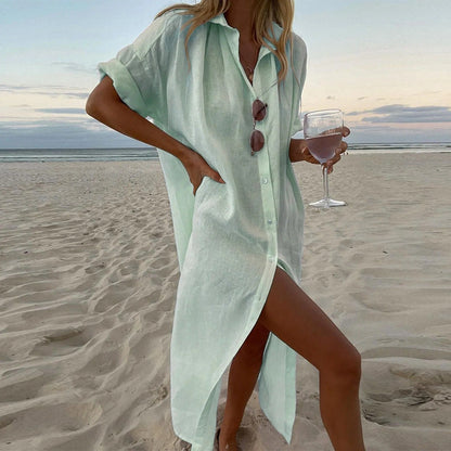 Robe-chemise légère à manches courtes avec fente et boutons pour femme