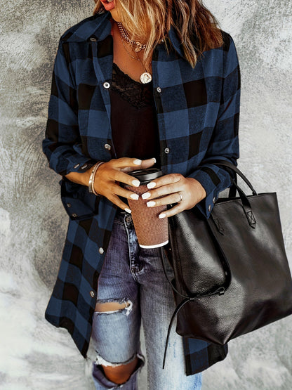 Chemise à Carreaux Tissée pour Femmes – Boutonnée – Manches Longues – Style Décontracté