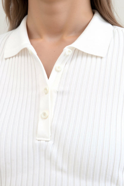 Polo en Maille Côtelée à Manches Courtes pour Femmes