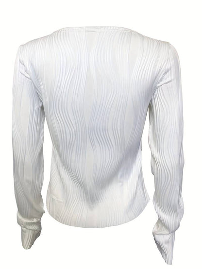 Top Femme Manche Longue – Maille Sculptante à Motif 3D et Col Montant