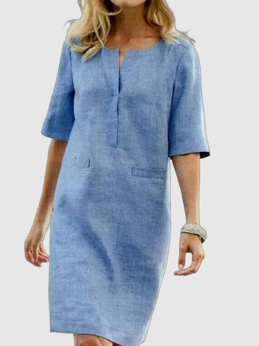 Robe Droite en Lin-Coton à Col Fendu pour Femme et Manches Mi-Longues