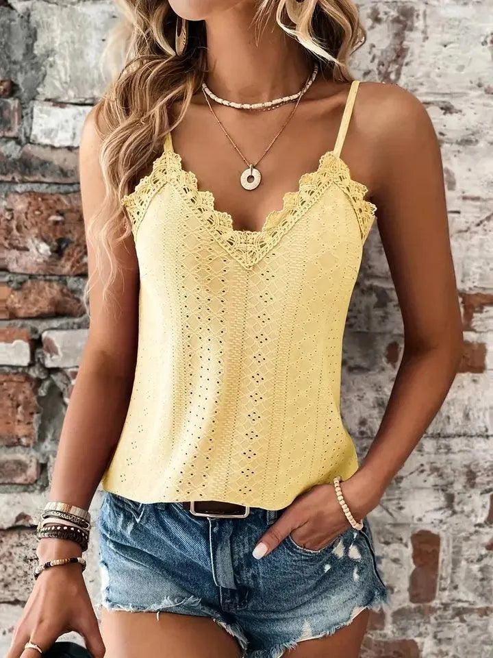 Top Femme Sans Manches en Broderie Anglaise – Col V et Bretelles Réglables