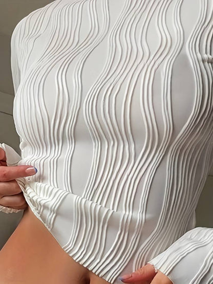 Top Femme Manche Longue – Maille Sculptante à Motif 3D et Col Montant