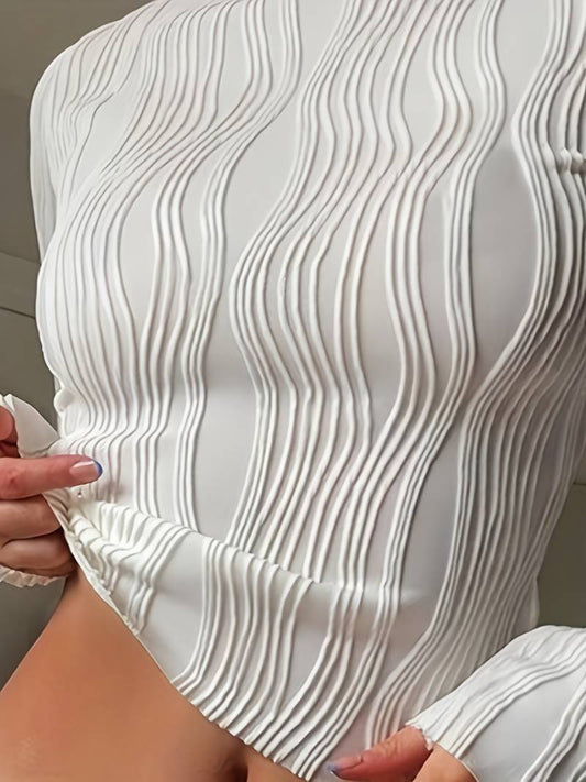 Top Femme Manche Longue – Maille Sculptante à Motif 3D et Col Montant