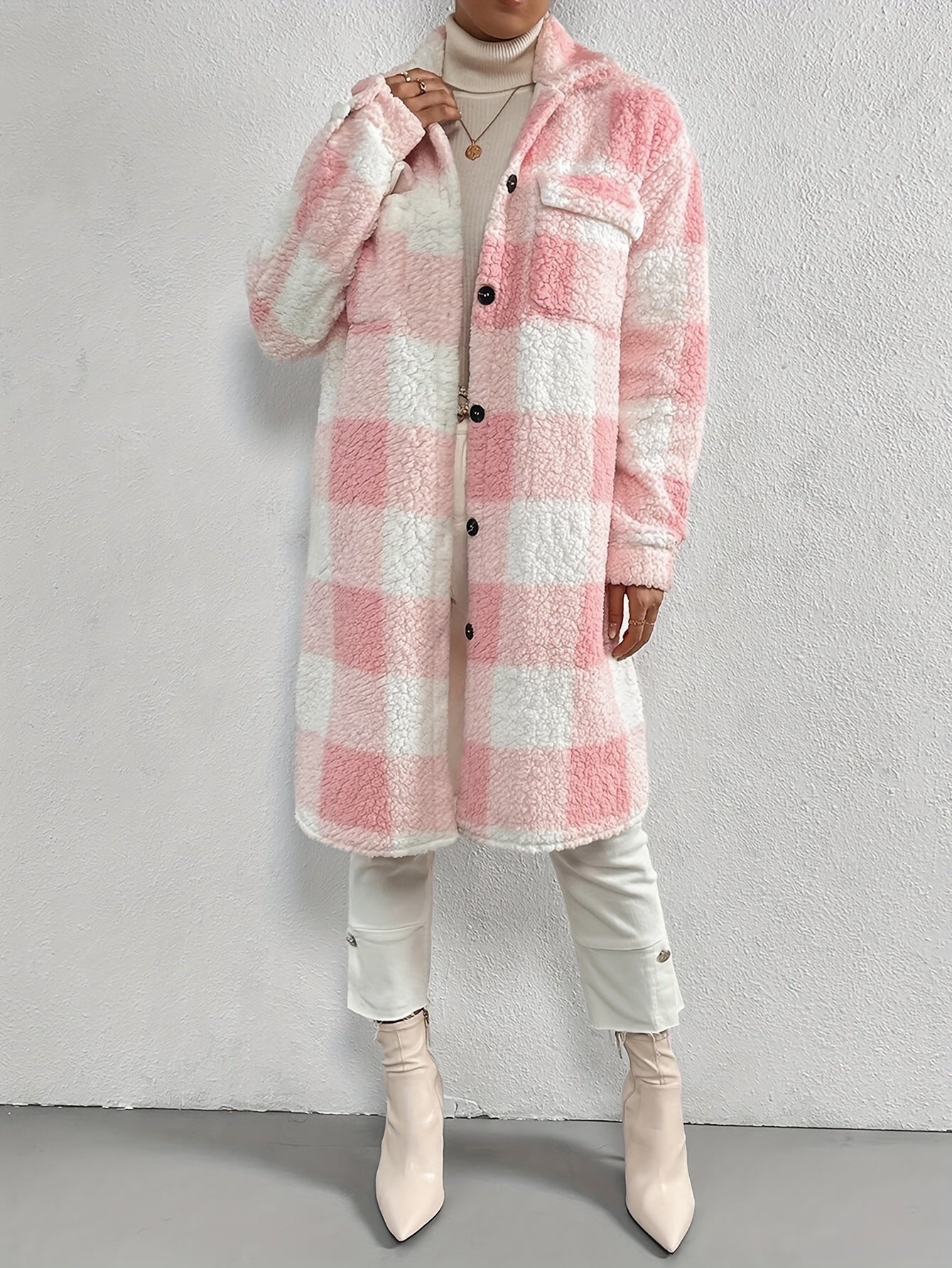 Manteau à Carreaux pour Femmes à Manches Longues et Coupe Ample